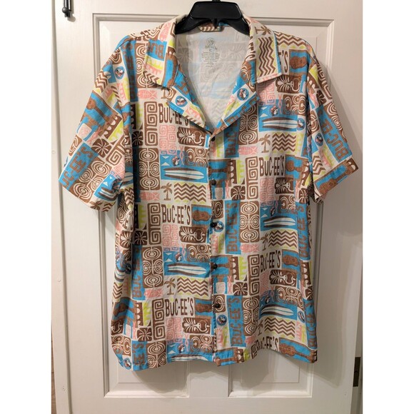 Buc-ee’s Hawaiian Tiki Shirt XL Brown Blue Surfboards Tropical Aloha Button Up - Picture 12 of 12